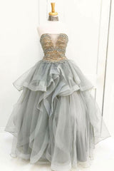 Gray Prom Dress Tulle Beaded Sequin Long Evening Dress