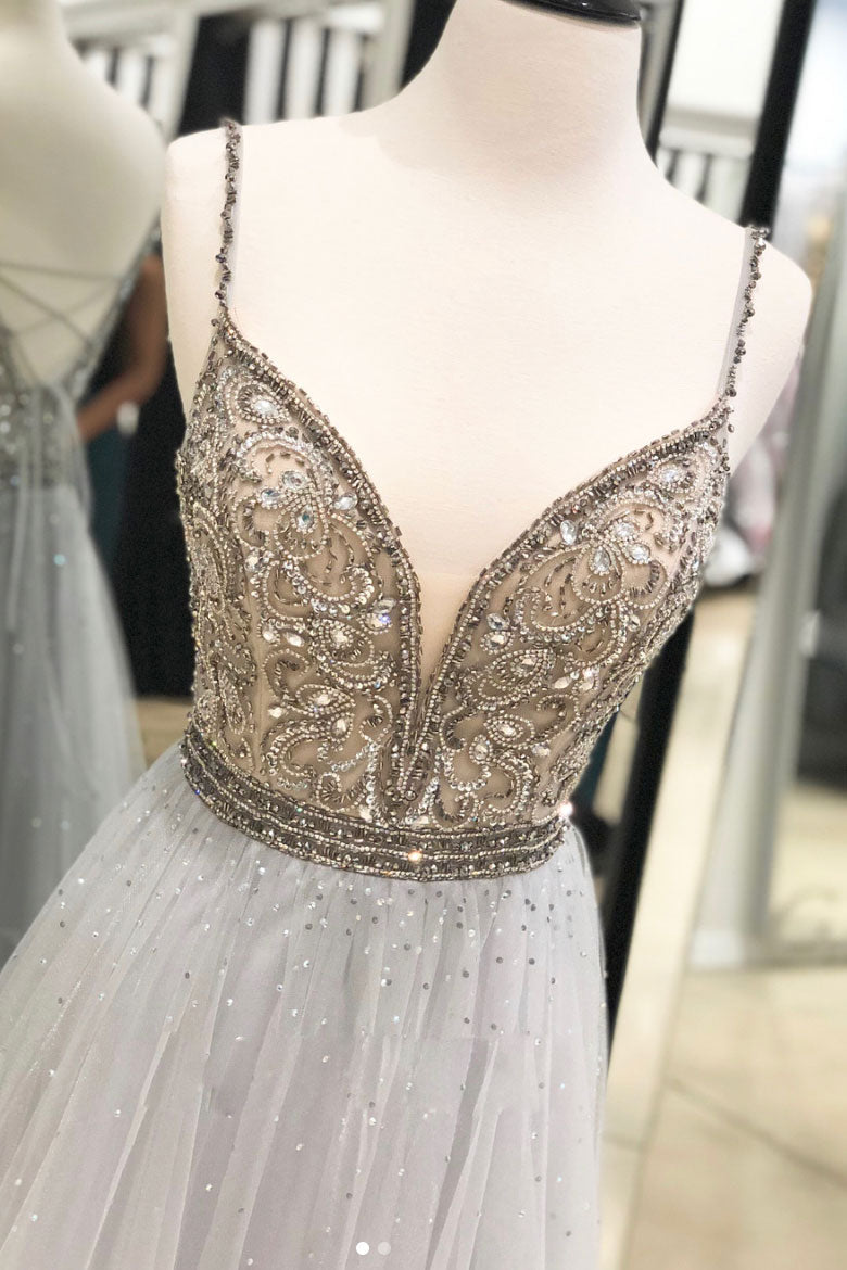 Gray Prom Dress Tulle Beaded Sequin Long Formal Evening Dress