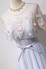 Gray Prom Dress Tulle Lace Long Evening Dress