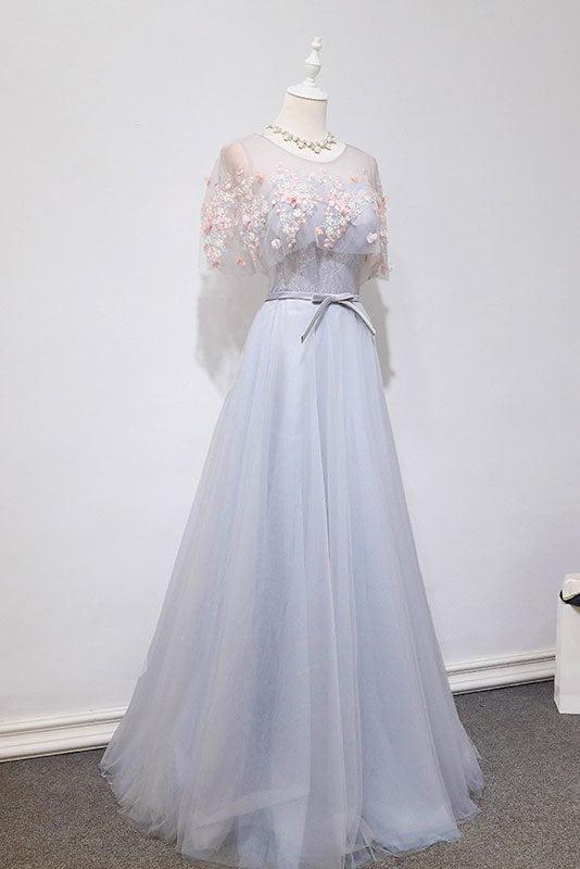 Gray Prom Dress Tulle Lace Long Evening Dress