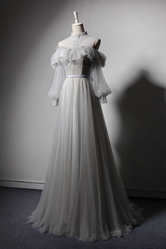 Gray Prom Dress Tulle Lace Long Evening Dress