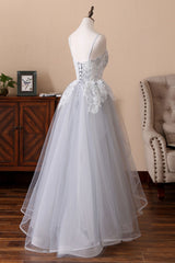 Gray Prom Dress Tulle Lace Long Evening Dress