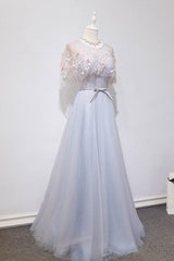 Gray Prom Dress Tulle Lace Long Evening Dress
