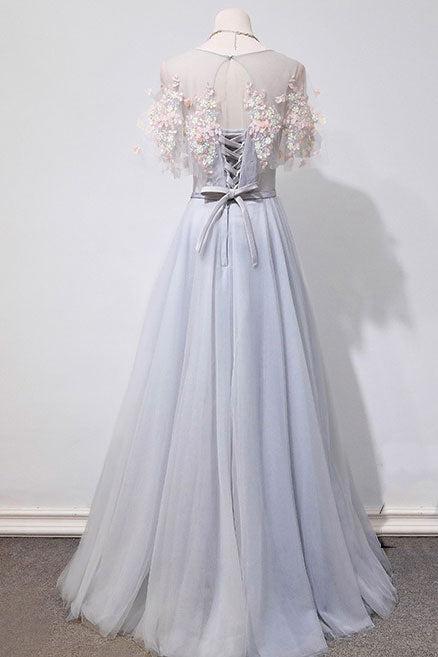 Gray Prom Dress Tulle Lace Long Evening Dress