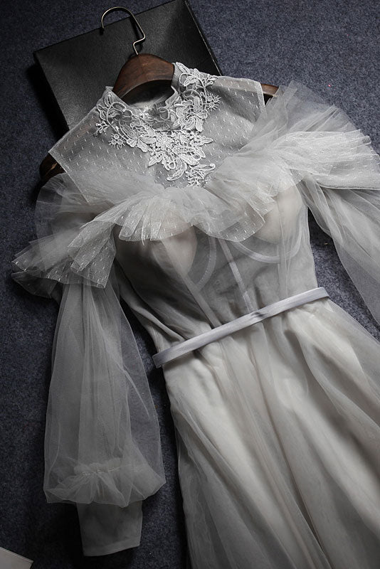 Gray Prom Dress Tulle Lace Long Evening Dress