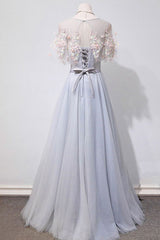 Gray Prom Dress Tulle Lace Long Evening Dress