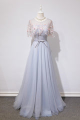 Gray Prom Dress Tulle Lace Long Evening Dress