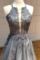 Gray Prom Dress Tulle Lace Long Evening Gown Evening Dress
