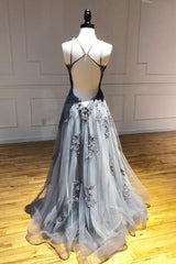 Gray Prom Dress Tulle Lace Long Evening Gown Evening Dress