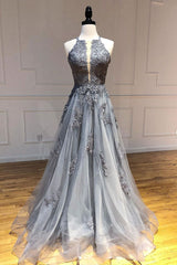 Gray Prom Dress Tulle Lace Long Evening Gown Evening Dress