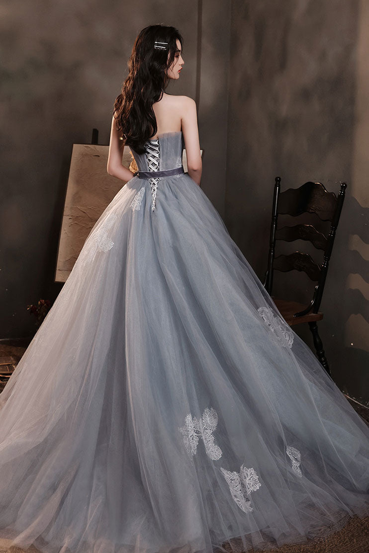 Gray Prom Dress Tulle Lace Long Formal Evening Dress