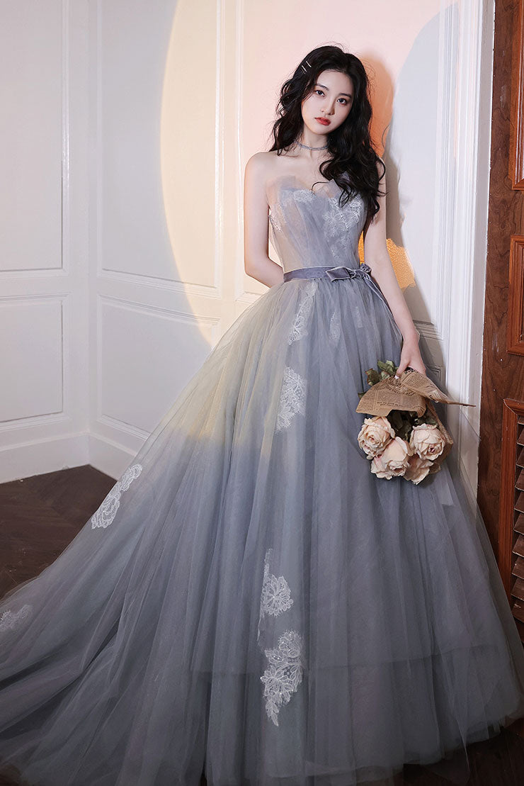 Gray Prom Dress Tulle Lace Long Formal Evening Dress