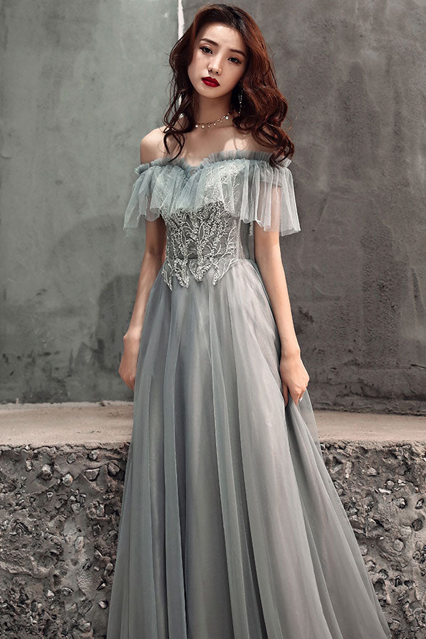 Gray Prom Dress Tulle Lace Long Formal Evening Dress