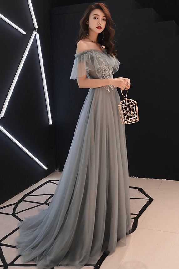 Gray Prom Dress Tulle Lace Long Formal Evening Dress