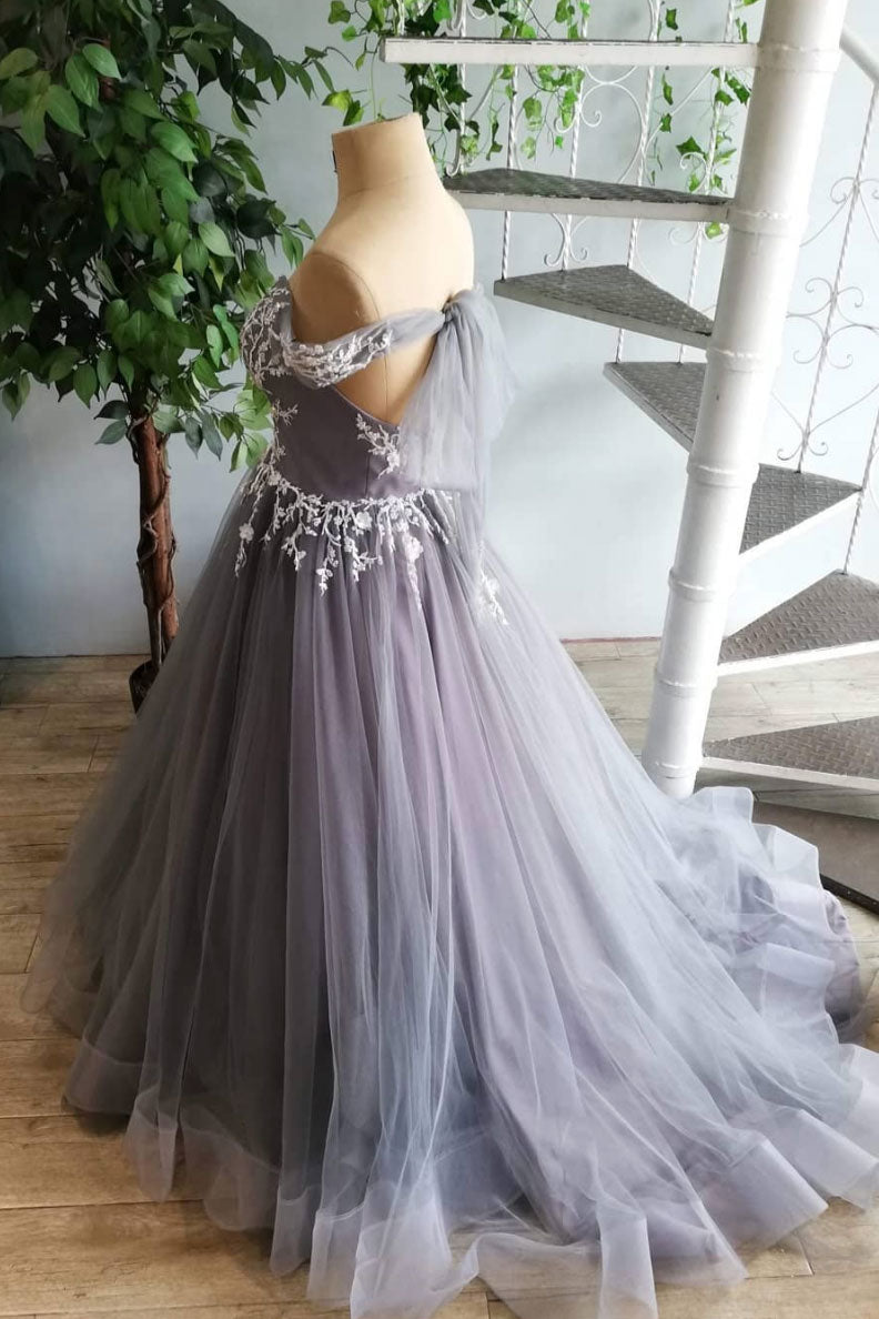 Gray Prom Dress Tulle Lace Long Formal Gown Evening Dress