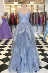 Gray Prom Dress Tulle Lace Long Formal Gown Evening Dress