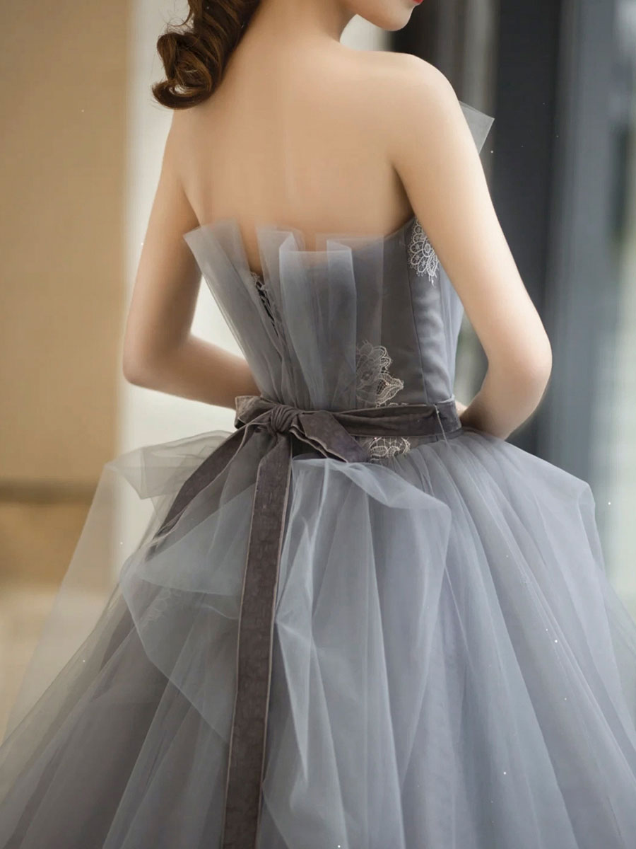 Gray Prom Dress Tulle Lace Long Sweet 16 Dress Formal Gown Evening Dress