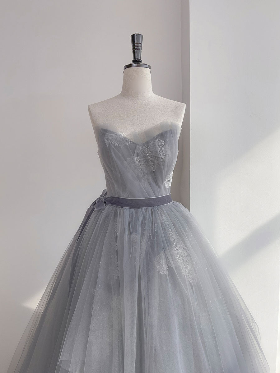 Gray Prom Dress Tulle Lace Long Sweet 16 Dress Formal Gown Evening Dress