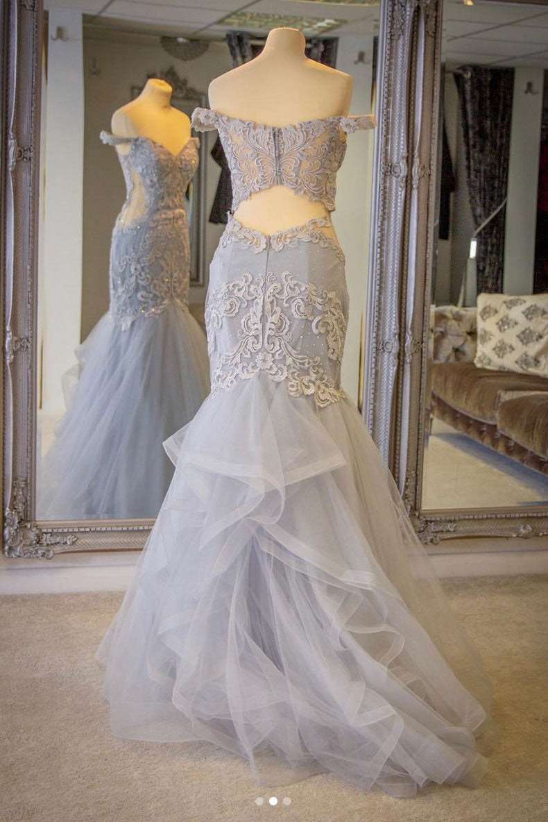 Gray Prom Dress Tulle Lace Mermaid Long Formal Gown Evening Dress