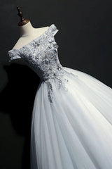 Gray Prom Dress Tulle Lace Off the Shoulder Long Evening Dress
