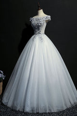 Gray Prom Dress Tulle Lace Off the Shoulder Long Evening Dress