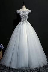 Gray Prom Dress Tulle Lace Off the Shoulder Long Evening Dress