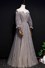 Gray Prom Dress Tulle Long Evening Dress
