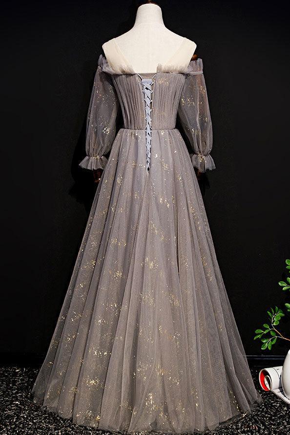Gray Prom Dress Tulle Long Evening Dress