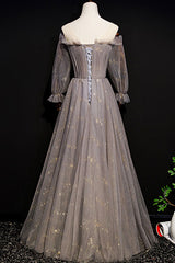 Gray Prom Dress Tulle Long Evening Dress