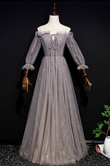 Gray Prom Dress Tulle Long Evening Dress