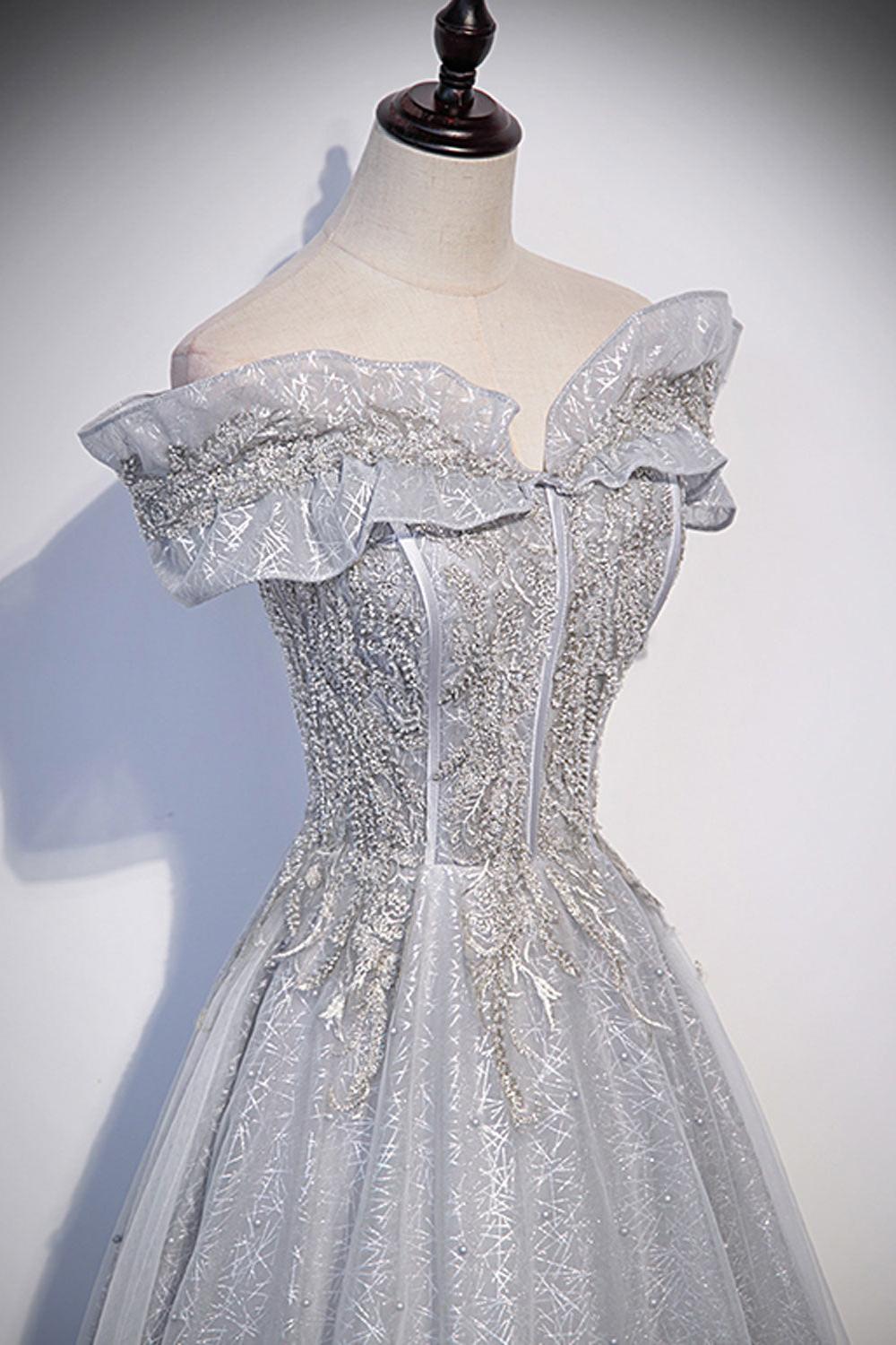 Gray Prom Dress Tulle Long Formal Dress Evening Dress