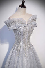 Gray Prom Dress Tulle Long Formal Dress Evening Dress