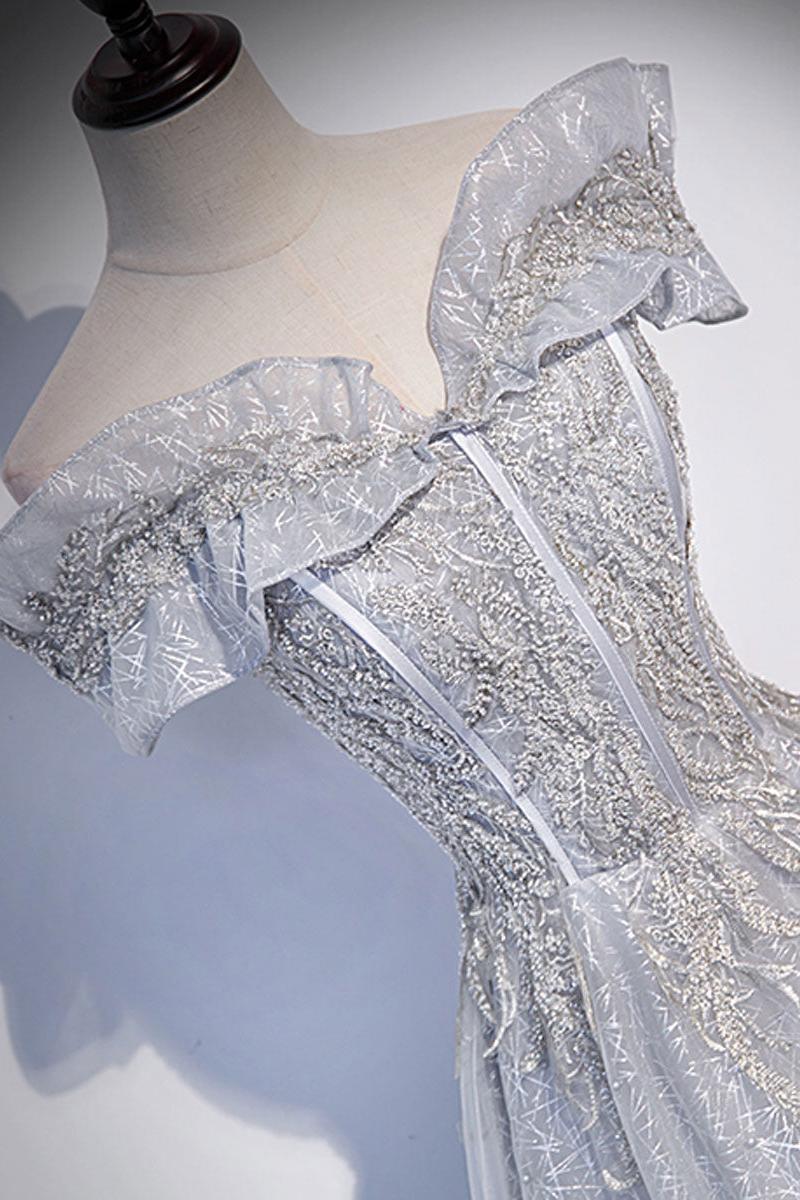 Gray Prom Dress Tulle Long Formal Dress Evening Dress