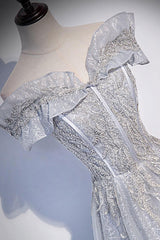 Gray Prom Dress Tulle Long Formal Dress Evening Dress