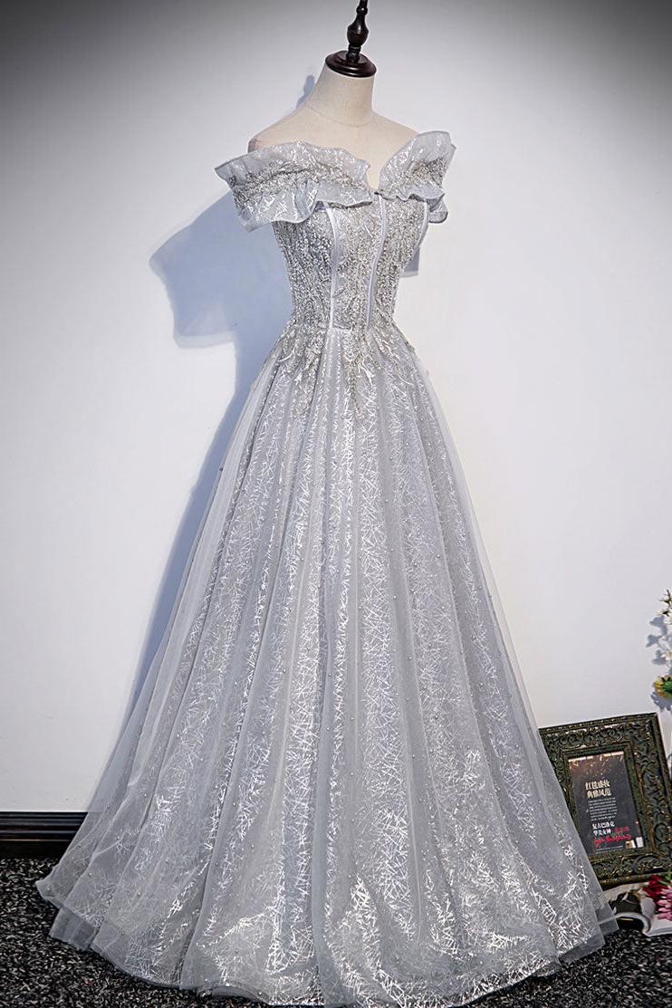 Gray Prom Dress Tulle Long Formal Dress Evening Dress
