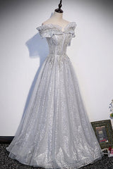 Gray Prom Dress Tulle Long Formal Dress Evening Dress