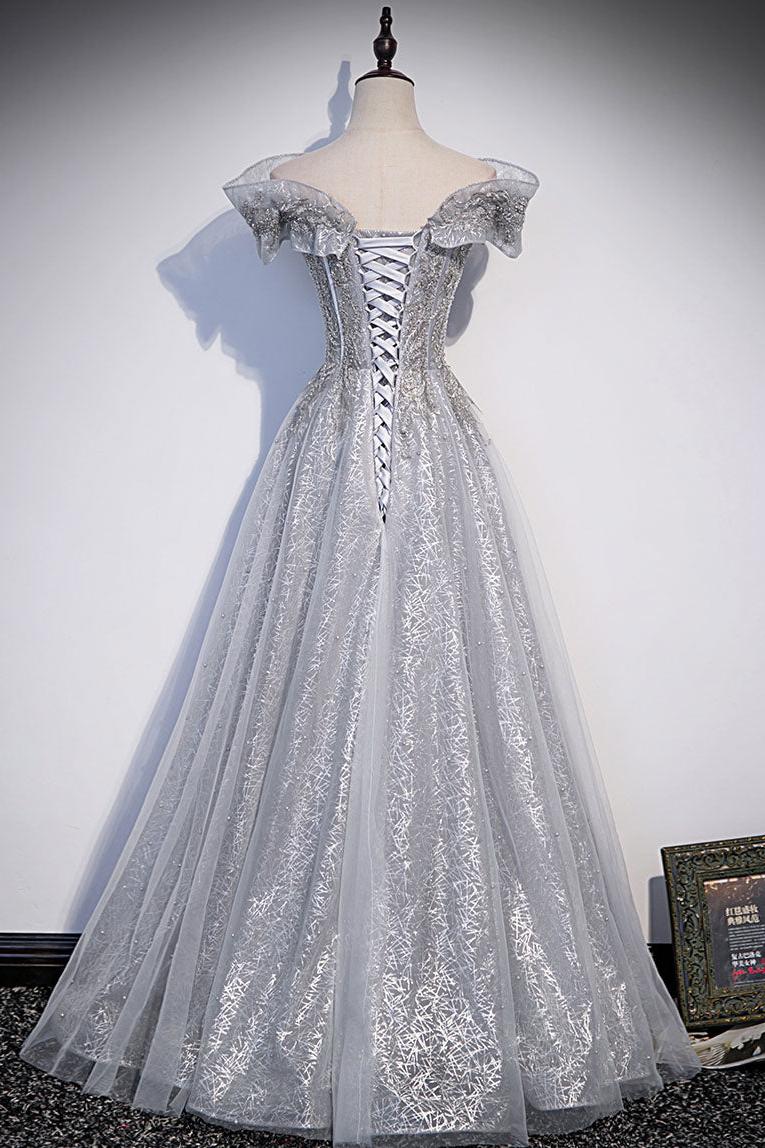 Gray Prom Dress Tulle Long Formal Dress Evening Dress
