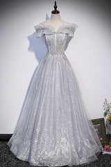 Gray Prom Dress Tulle Long Formal Dress Evening Dress