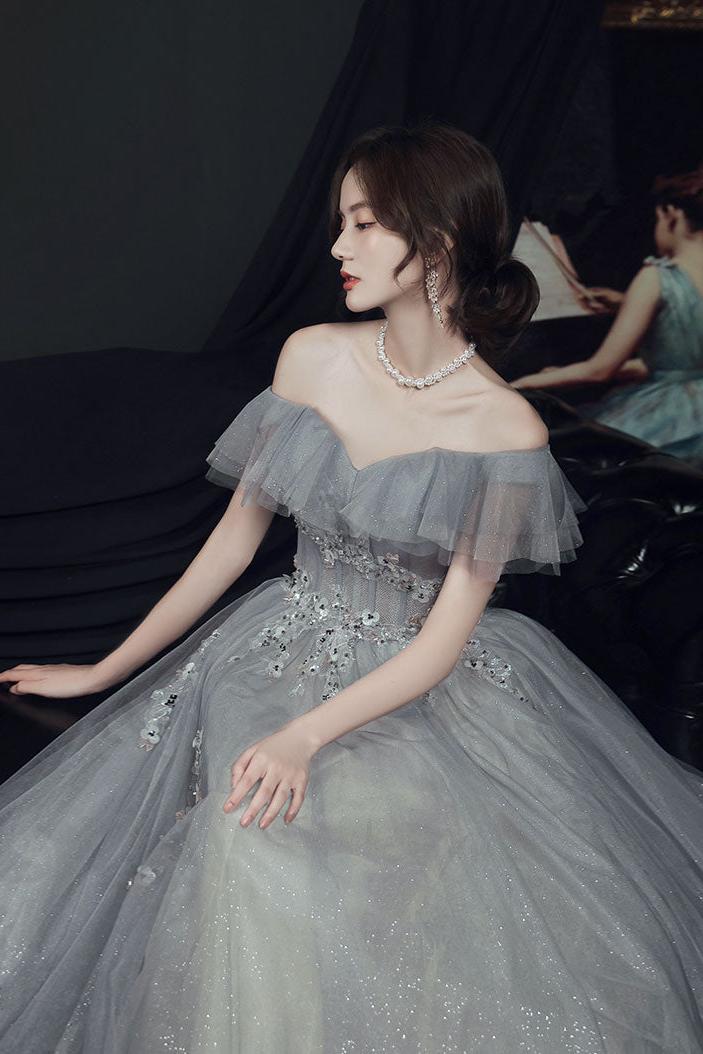 Gray Prom Dress Tulle Off the Shoulder Long Formal Dress Evening Dress