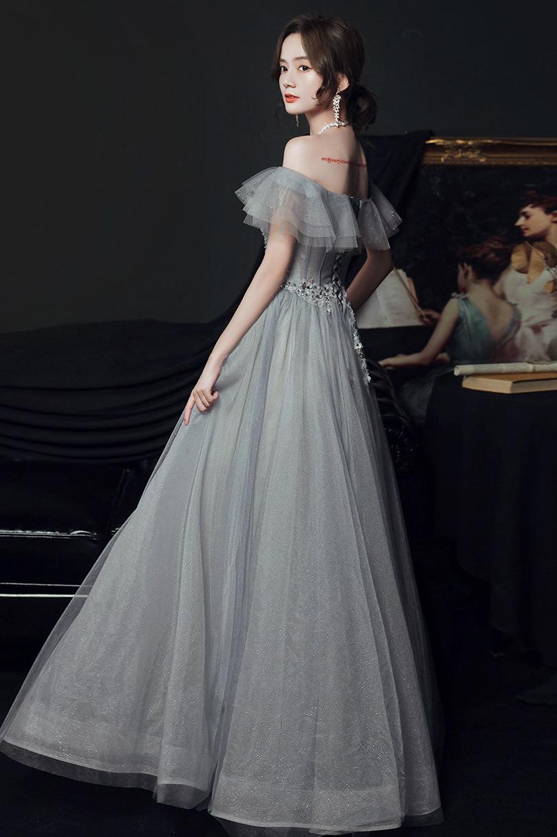 Gray Prom Dress Tulle Off the Shoulder Long Formal Dress Evening Dress