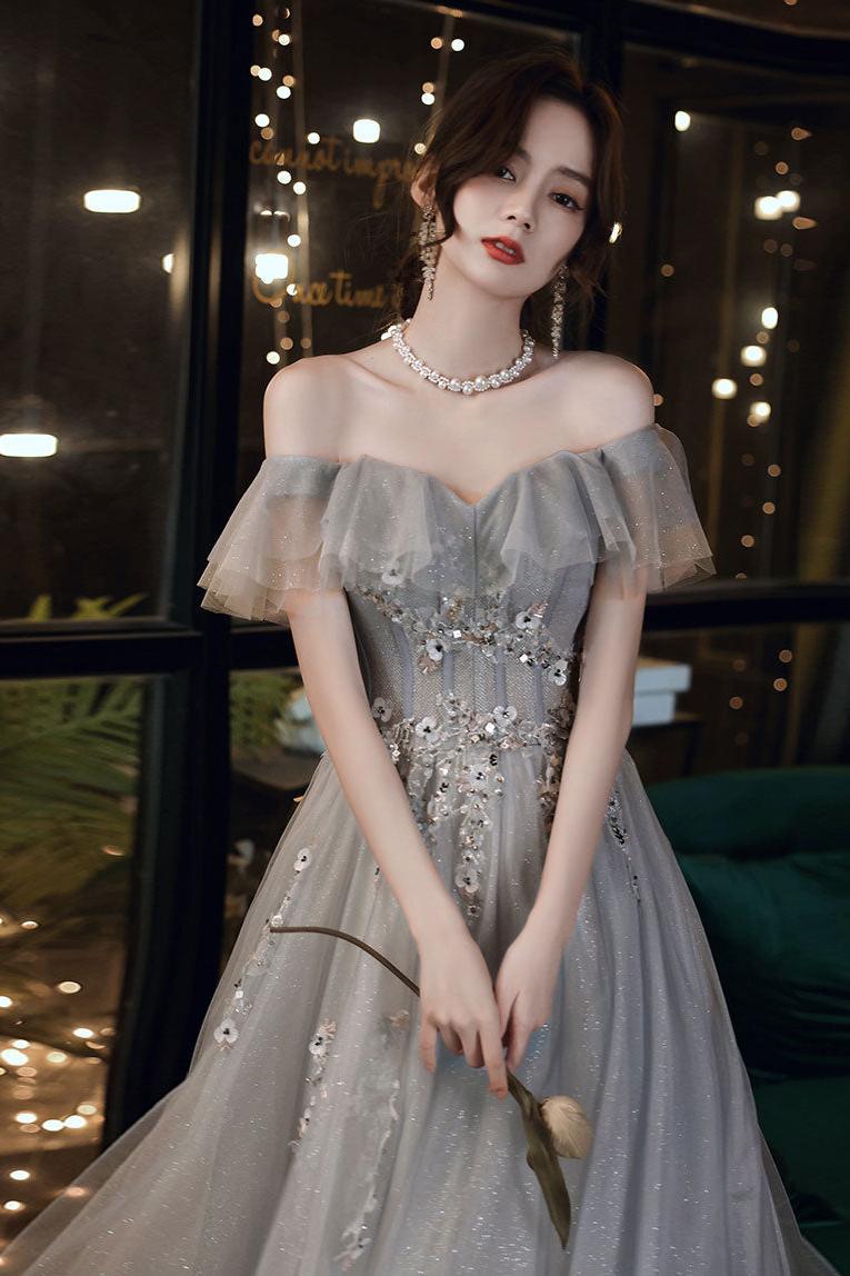 Gray Prom Dress Tulle Off the Shoulder Long Formal Dress Evening Dress