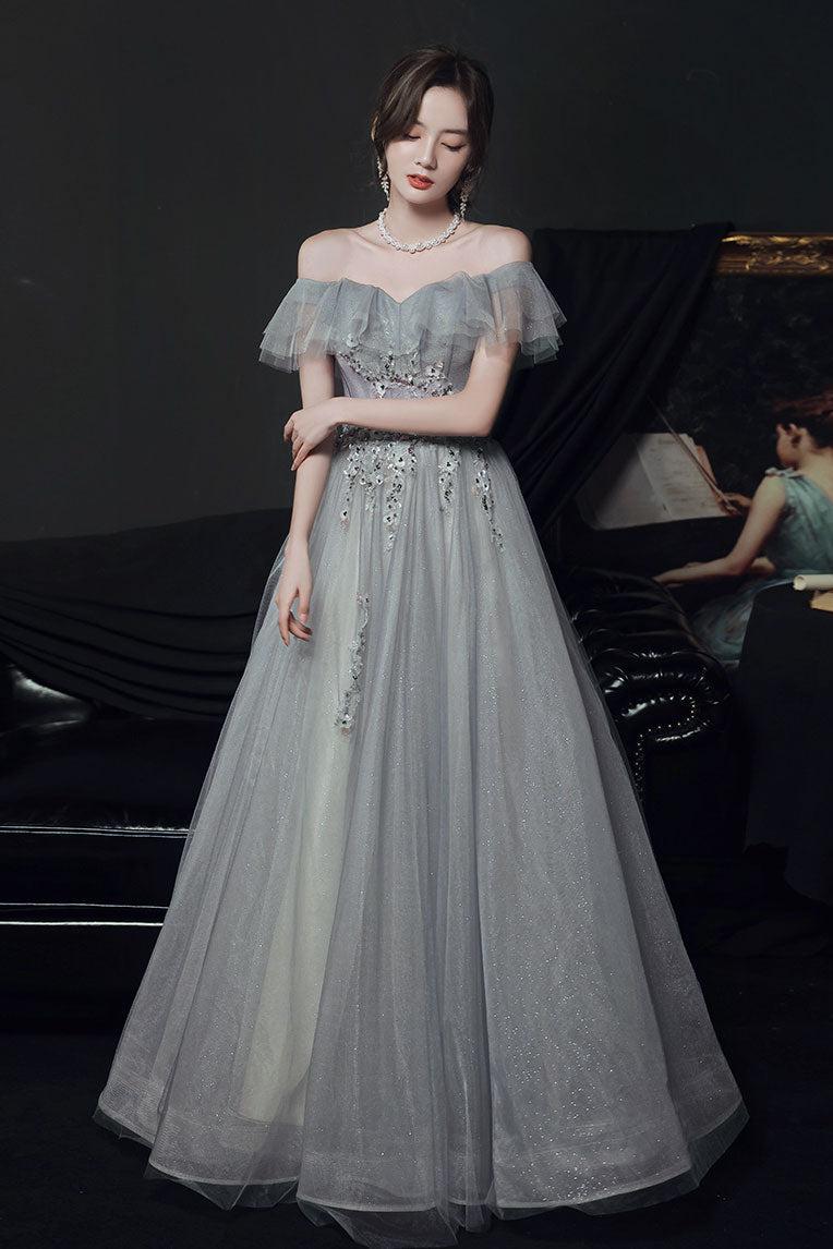 Gray Prom Dress Tulle Off the Shoulder Long Formal Dress Evening Dress