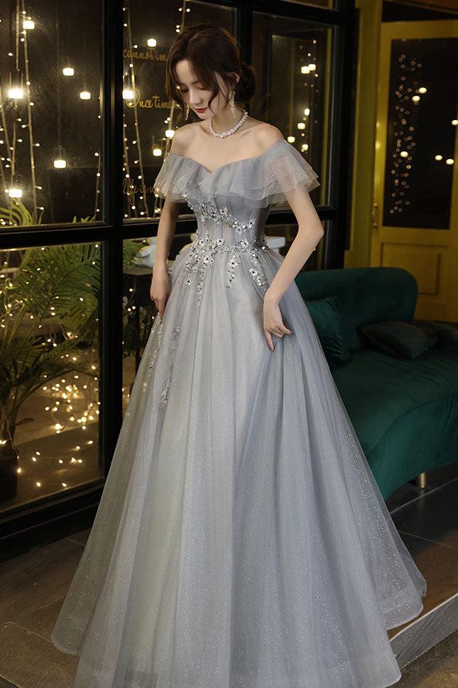 Gray Prom Dress Tulle Off the Shoulder Long Formal Dress Evening Dress