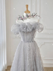 Gray Prom Dress Tulle Off the Shoulder Long Formal Gown Evening Dress