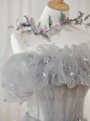 Gray Prom Dress Tulle Off the Shoulder Long Formal Gown Evening Dress