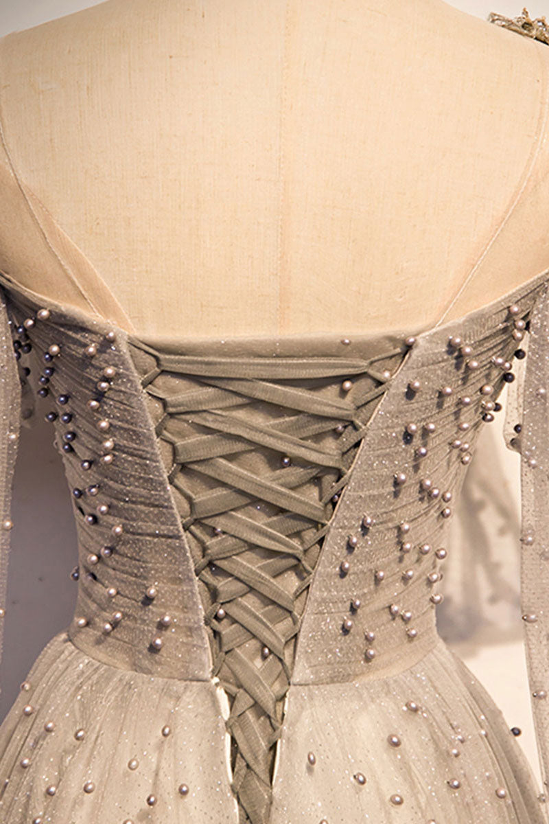 Gray Prom Dress Tulle One Shoulder Long Formal Gown Evening Dress