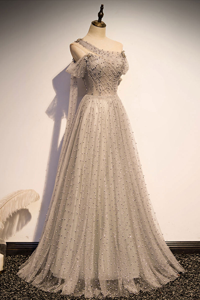 Gray Prom Dress Tulle One Shoulder Long Formal Gown Evening Dress