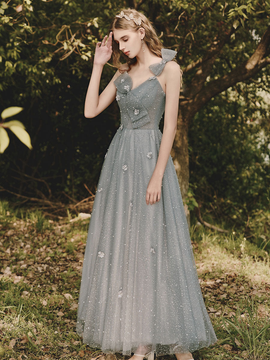 Gray Prom Dress Tulle Sequin Tea Length Evening Dress