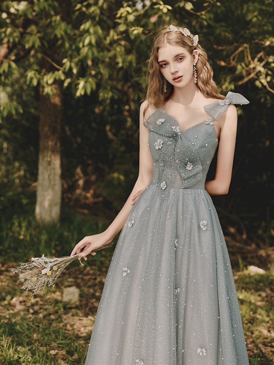 Gray Prom Dress Tulle Sequin Tea Length Evening Dress