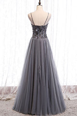 Gray Prom Dress Tulle Sweetheart Neck Sequin Long Formal Gown Evening Dress